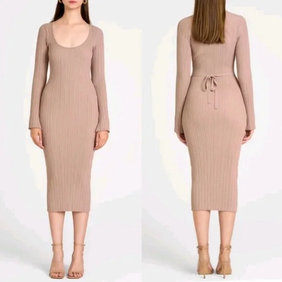 Wayf Alexi Long Sleeve Rib Dress in Beige at Nordstrom, Size Small